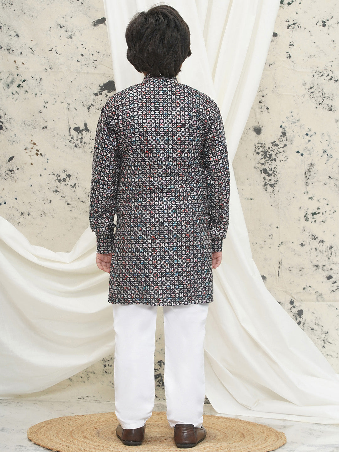 Grey Full sleeves Sequenced Cotton Blend Kurta Pyjama For Boys - AJ Dezines