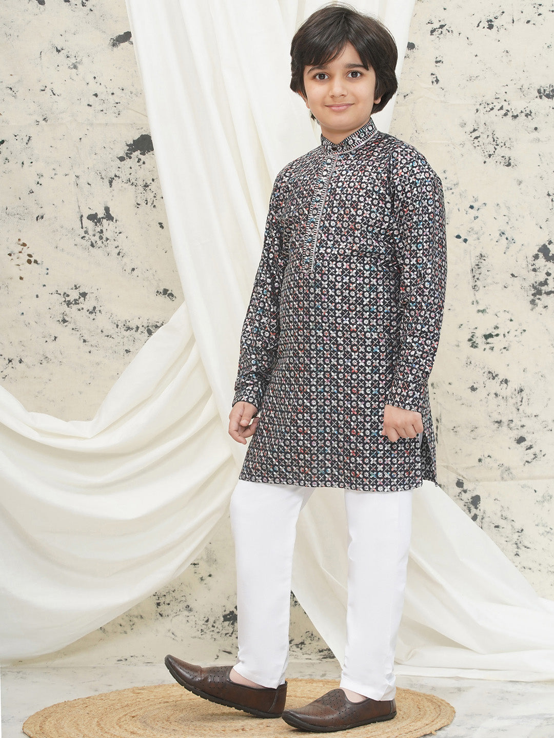 Grey Full sleeves Sequenced Cotton Blend Kurta Pyjama For Boys - AJ Dezines