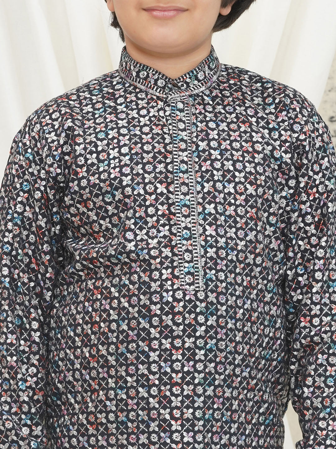 Grey Full sleeves Sequenced Cotton Blend Kurta Pyjama For Boys - AJ Dezines