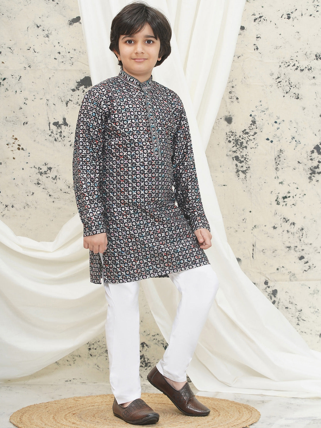 Grey Full sleeves Sequenced Cotton Blend Kurta Pyjama For Boys - AJ Dezines