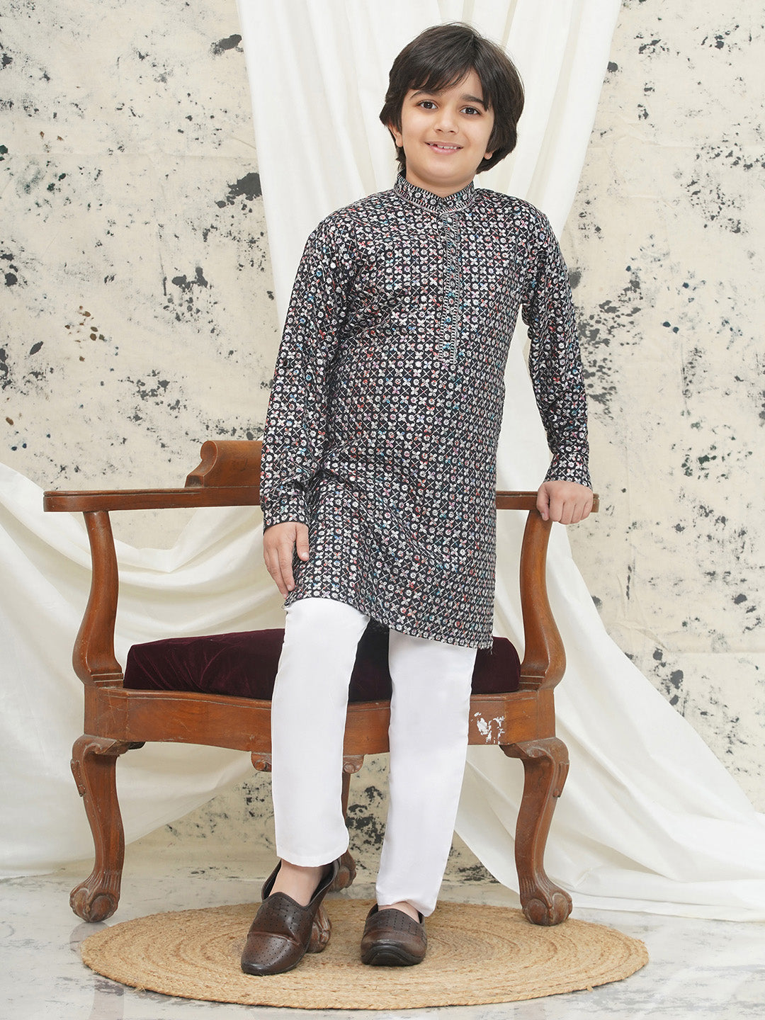 Grey Full sleeves Sequenced Cotton Blend Kurta Pyjama For Boys - AJ Dezines