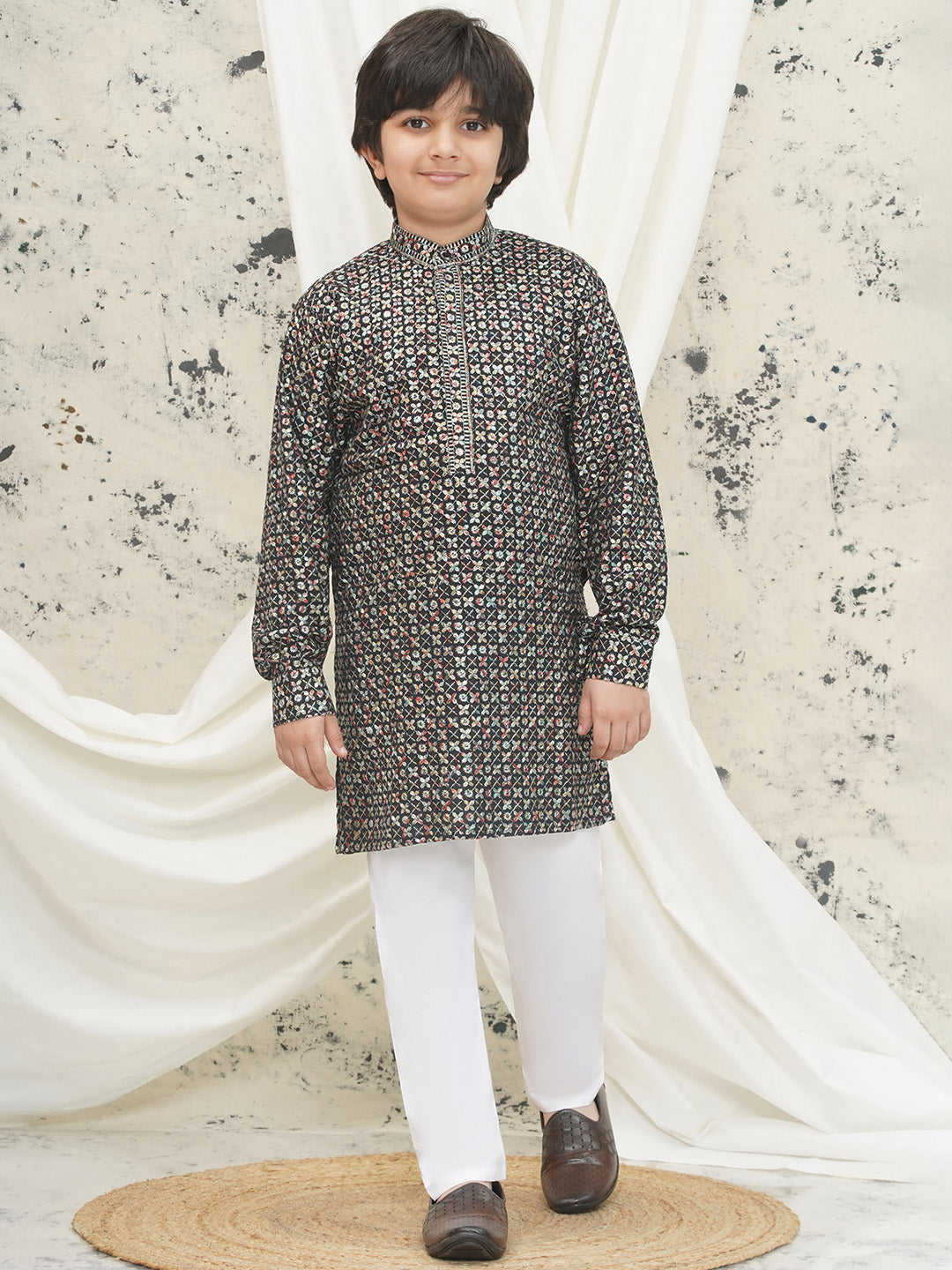Multi Full sleeves Sequenced Cotton Blend Kurta Pyjama For Boys - AJ Dezines