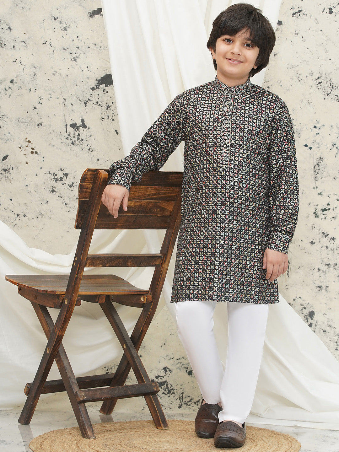 Multi Full sleeves Sequenced Cotton Blend Kurta Pyjama For Boys - AJ Dezines