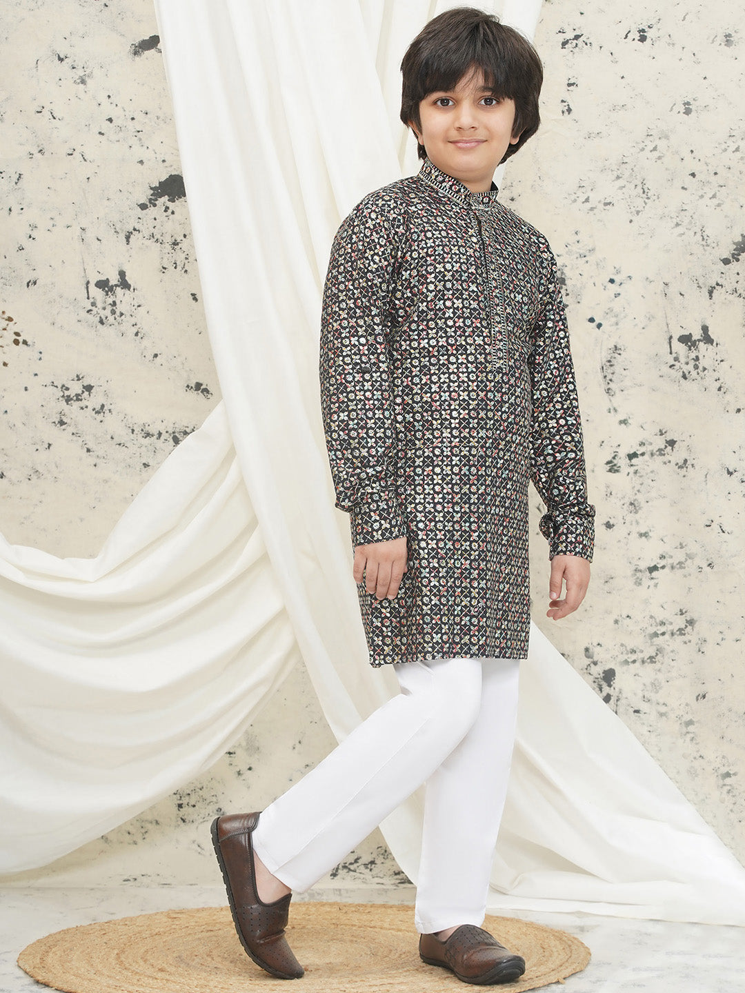 Multi Full sleeves Sequenced Cotton Blend Kurta Pyjama For Boys - AJ Dezines