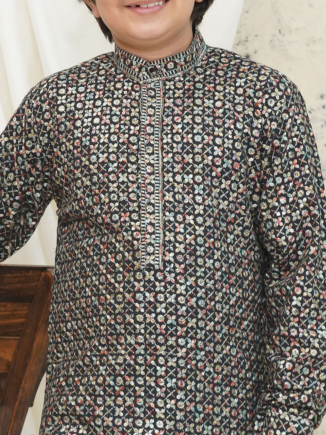 Multi Full sleeves Sequenced Cotton Blend Kurta Pyjama For Boys - AJ Dezines