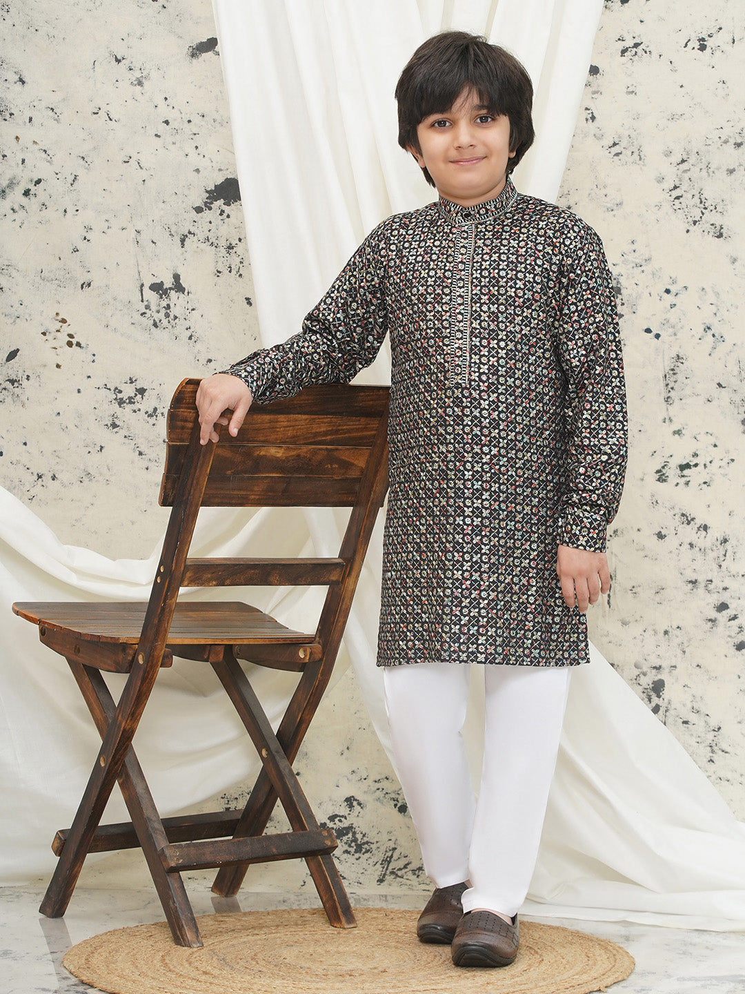 Multi Full sleeves Sequenced Cotton Blend Kurta Pyjama For Boys - AJ Dezines