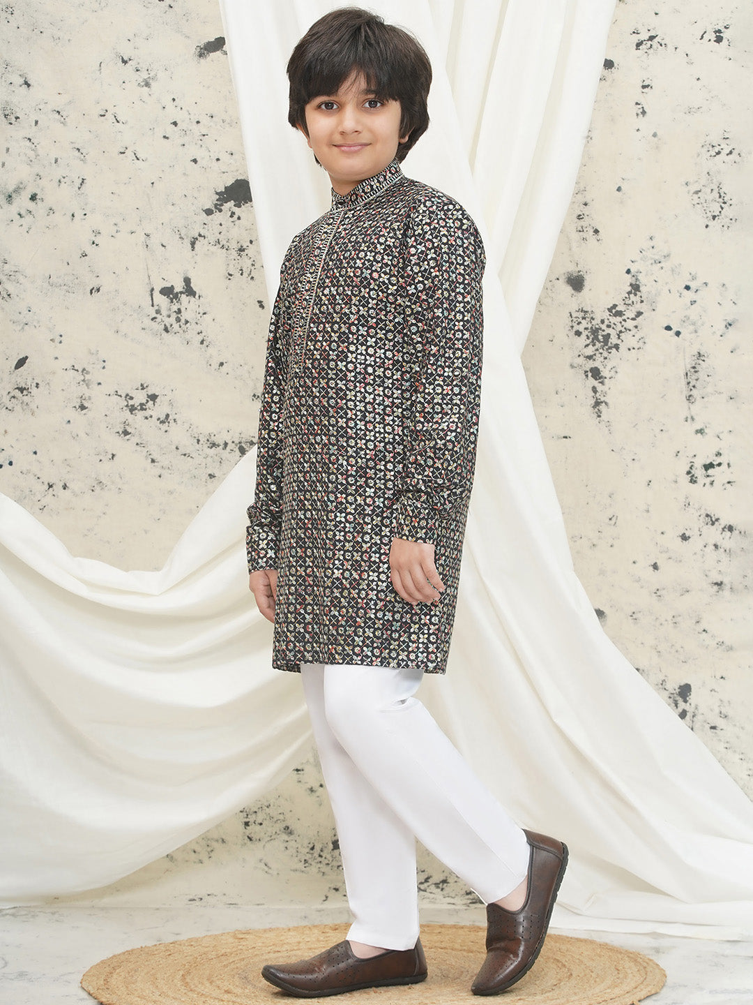 Multi Full sleeves Sequenced Cotton Blend Kurta Pyjama For Boys - AJ Dezines