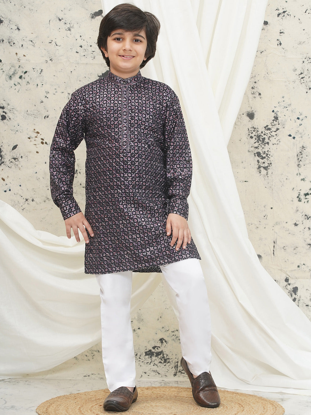 Purple Full sleeves Sequenced Cotton Blend Kurta Pyjama For Boys - AJ Dezines