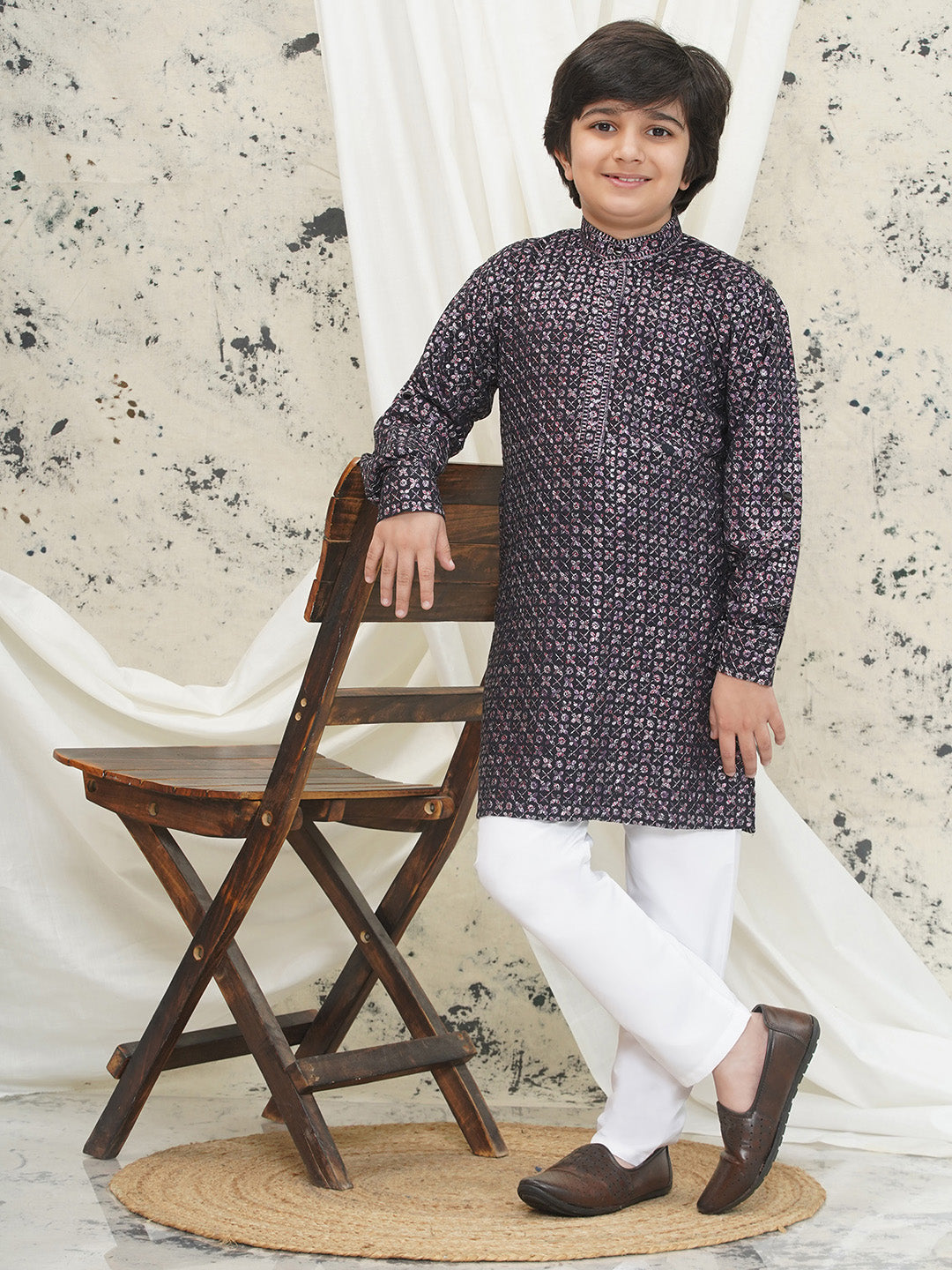 Purple Full sleeves Sequenced Cotton Blend Kurta Pyjama For Boys - AJ Dezines