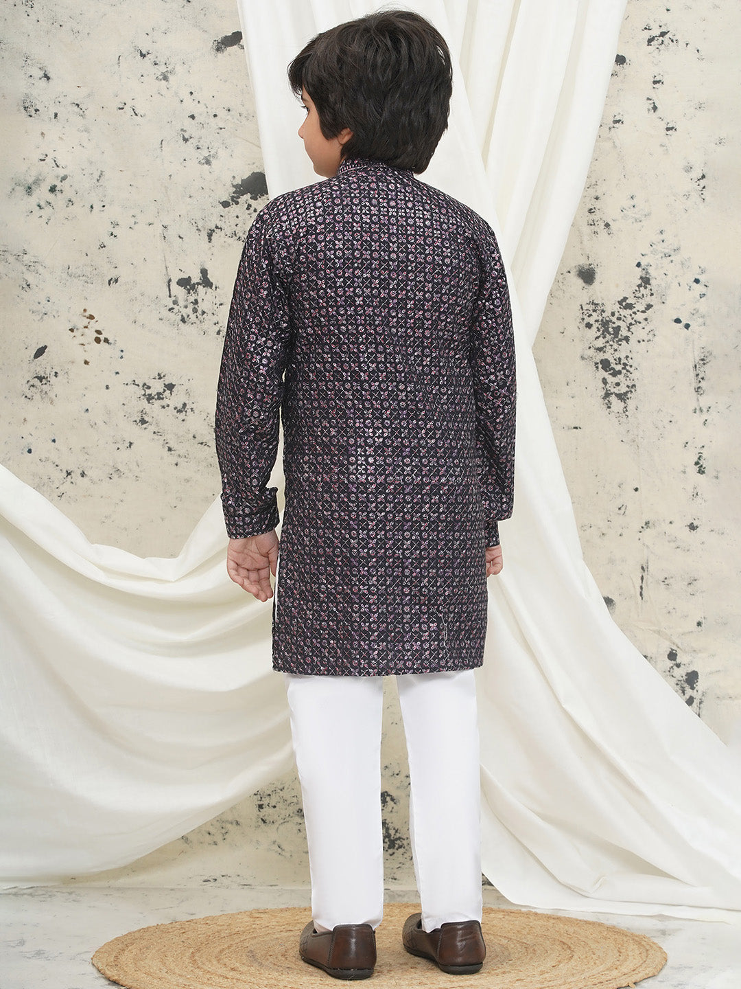 Purple Full sleeves Sequenced Cotton Blend Kurta Pyjama For Boys - AJ Dezines