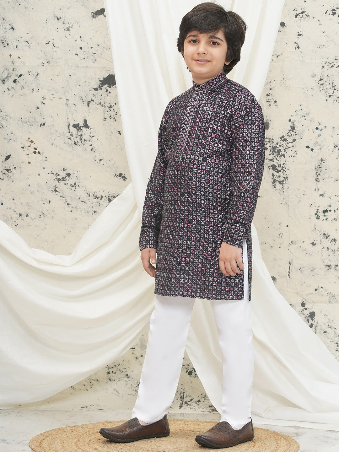 Purple Full sleeves Sequenced Cotton Blend Kurta Pyjama For Boys - AJ Dezines