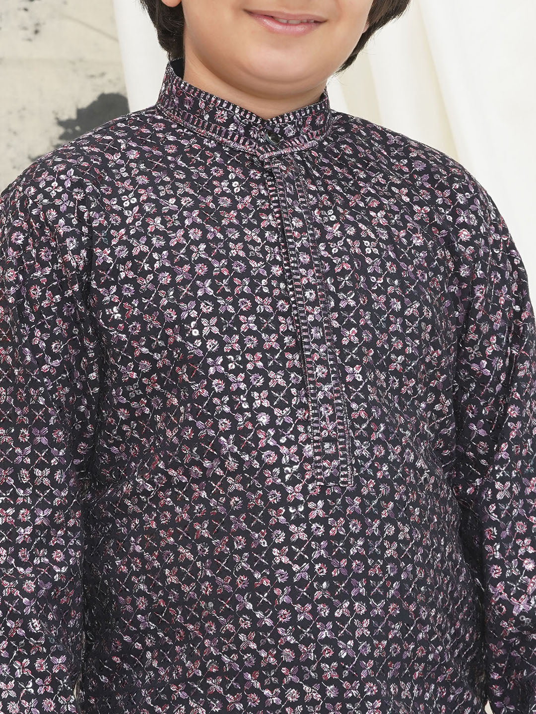 Purple Full sleeves Sequenced Cotton Blend Kurta Pyjama For Boys - AJ Dezines