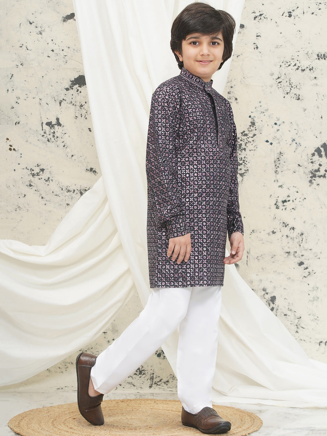 Purple Full sleeves Sequenced Cotton Blend Kurta Pyjama For Boys - AJ Dezines