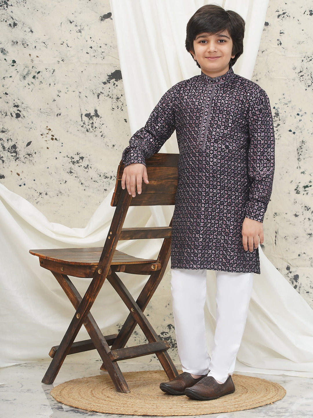 Purple Full sleeves Sequenced Cotton Blend Kurta Pyjama For Boys - AJ Dezines