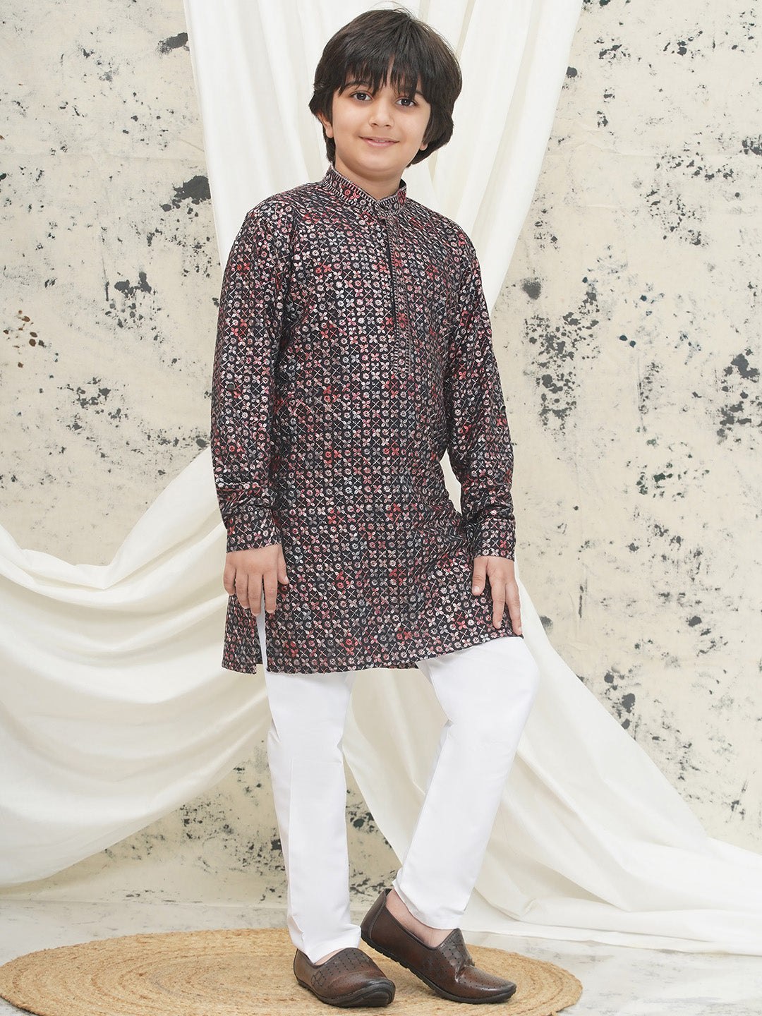 Red Full sleeves Sequenced Cotton Blend Kurta Pyjama For Boys - AJ Dezines