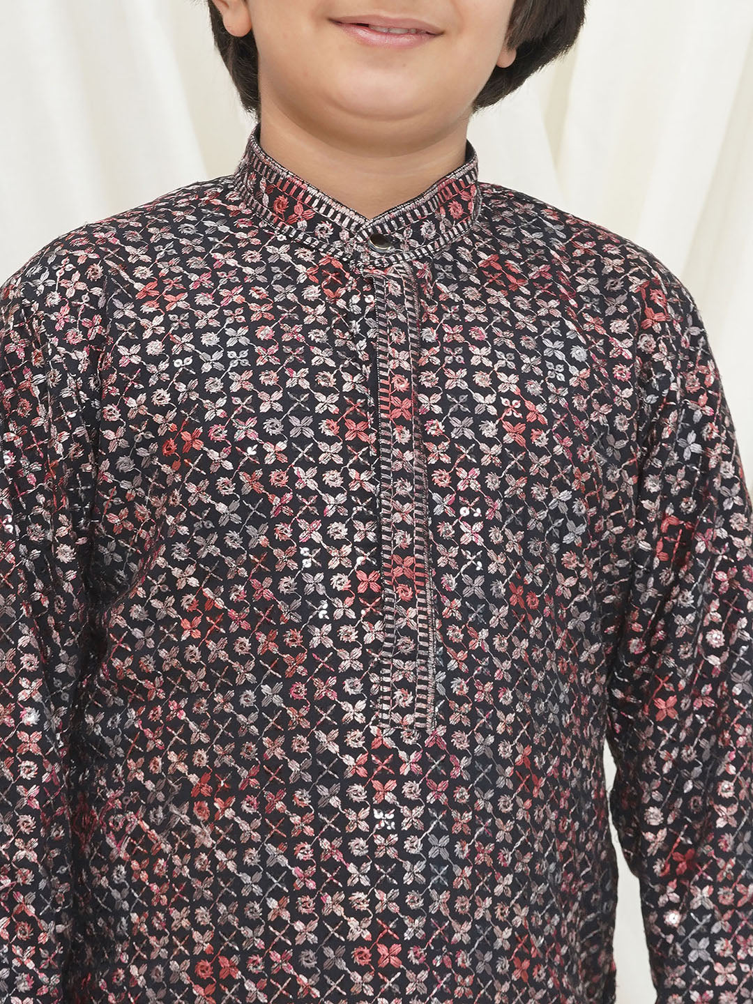 Red Full sleeves Sequenced Cotton Blend Kurta Pyjama For Boys - AJ Dezines