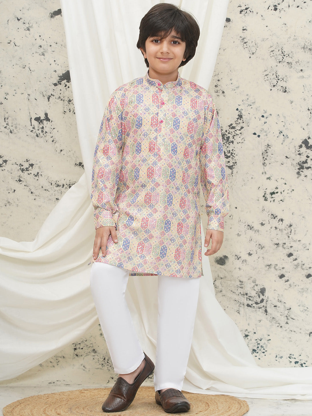 Cream Full sleeves Abstract Cotton Kurta Pyjama For Boys - AJ Dezines