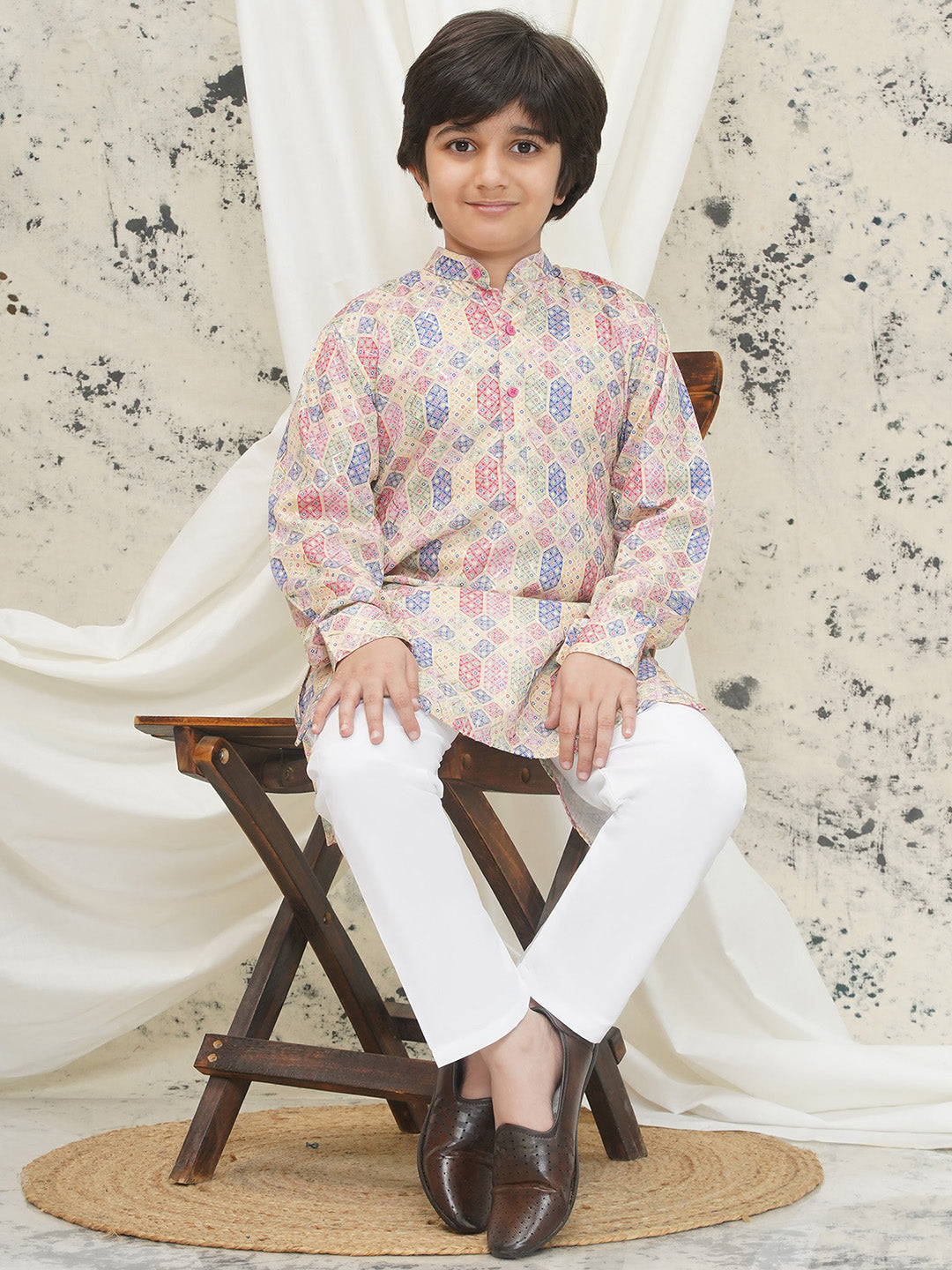 Cream Full sleeves Abstract Cotton Kurta Pyjama For Boys - AJ Dezines
