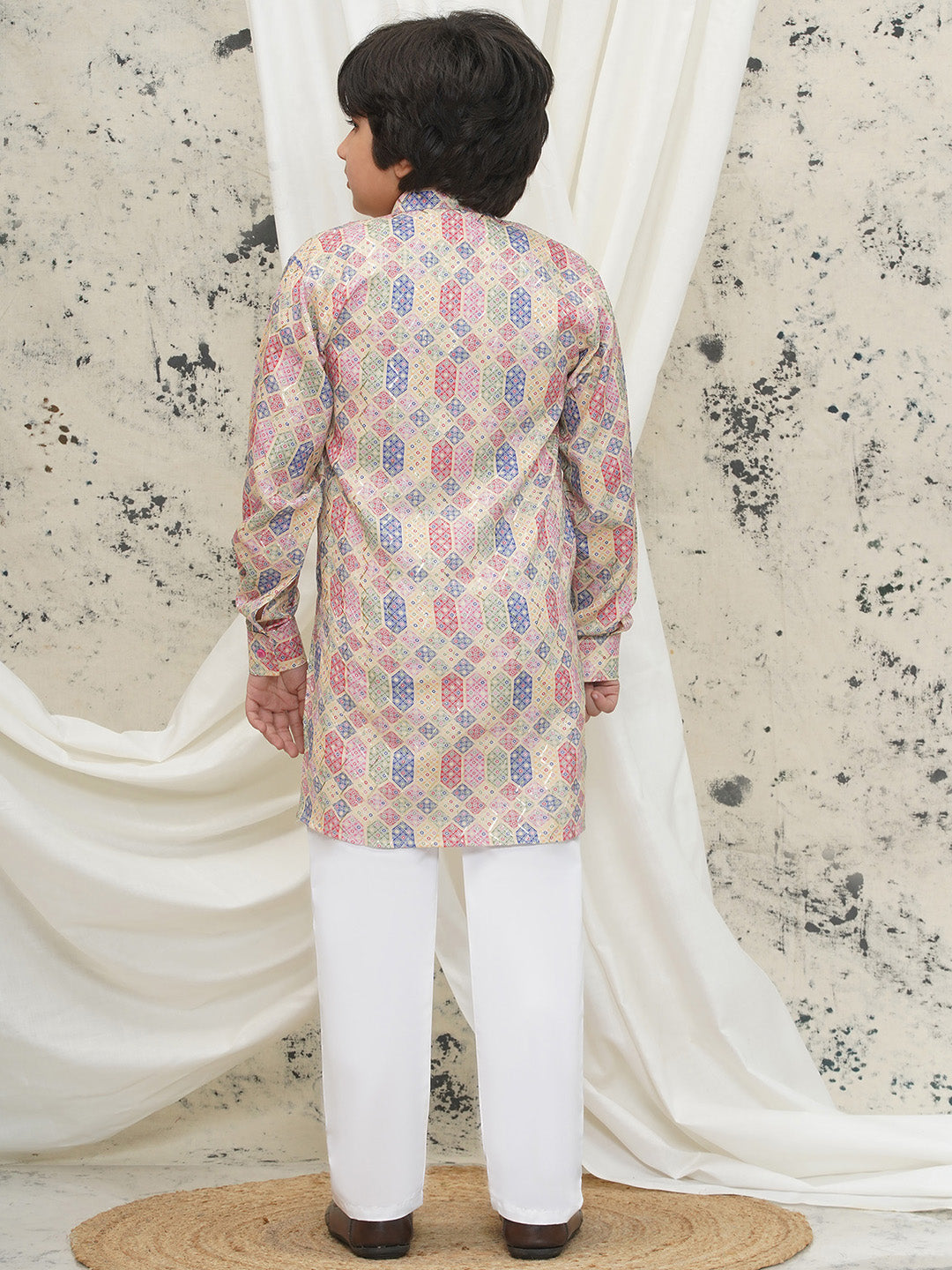 Cream Full sleeves Abstract Cotton Kurta Pyjama For Boys - AJ Dezines