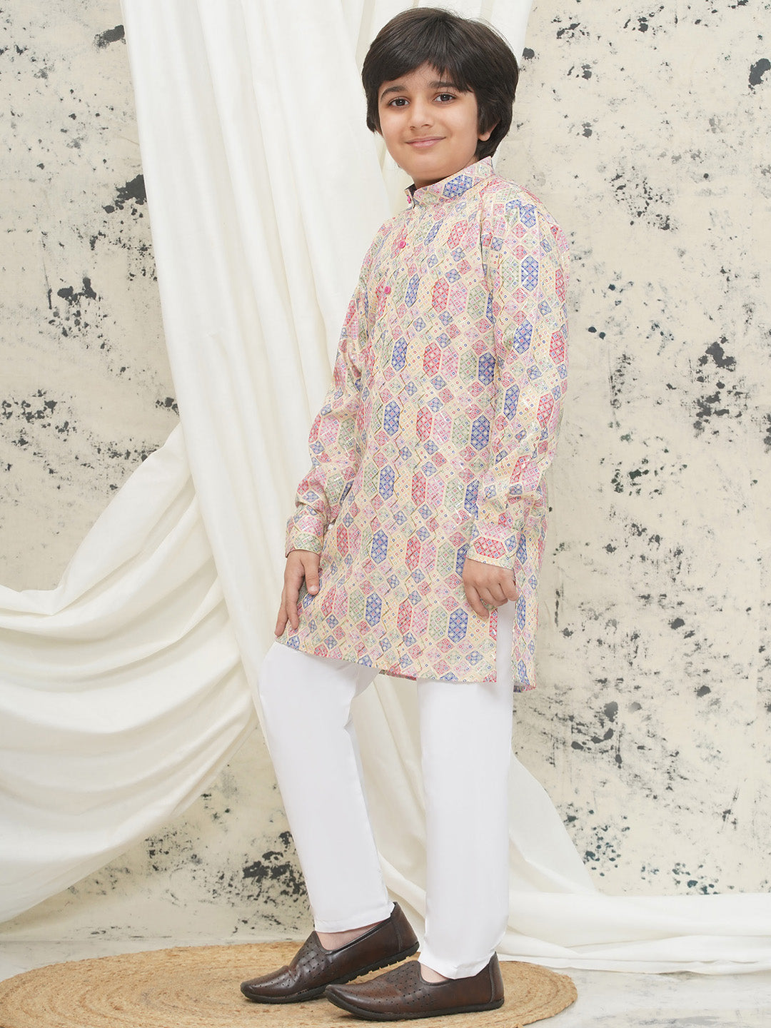 Cream Full sleeves Abstract Cotton Kurta Pyjama For Boys - AJ Dezines