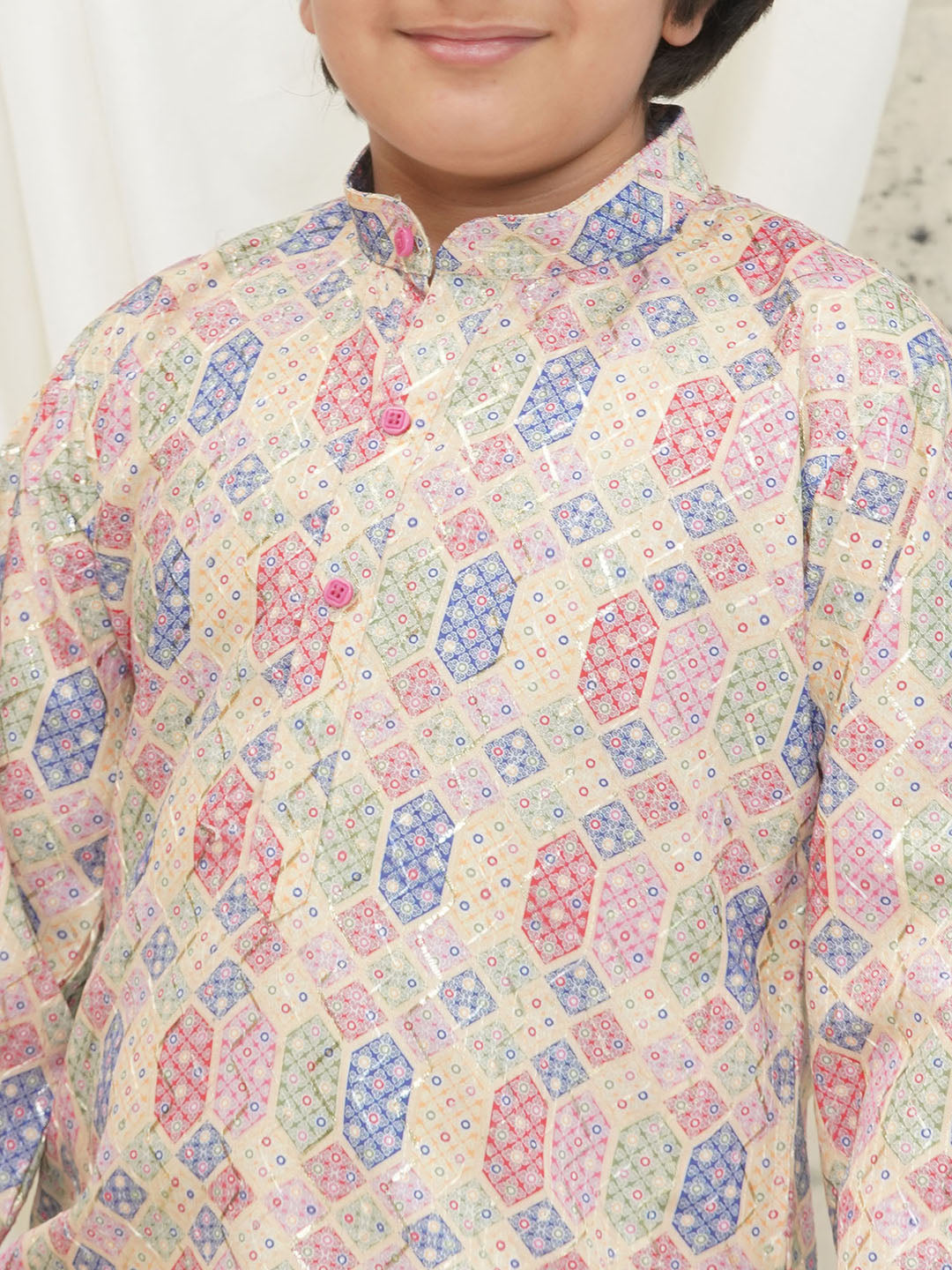 Cream Full sleeves Abstract Cotton Kurta Pyjama For Boys - AJ Dezines