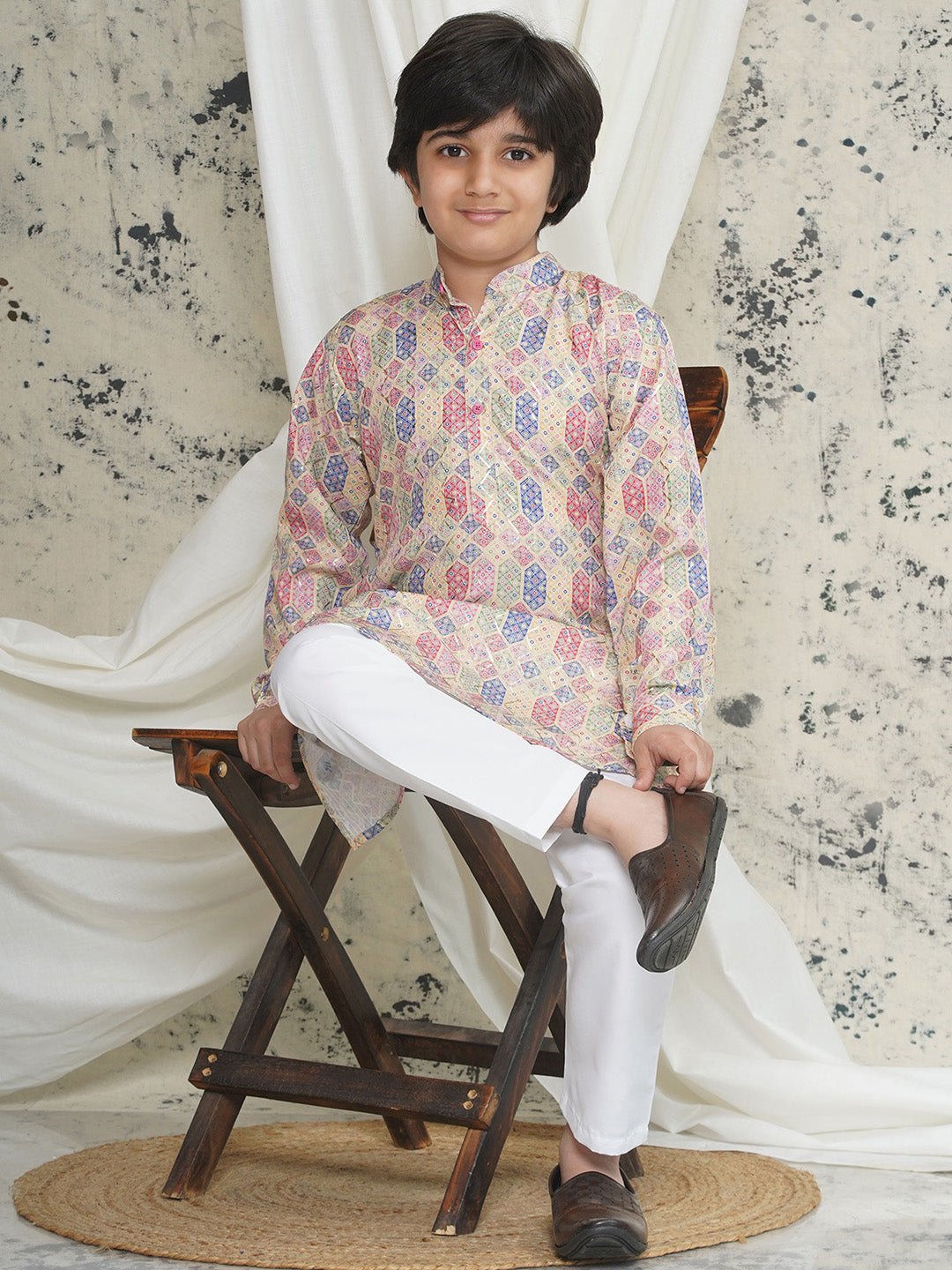 Cream Full sleeves Abstract Cotton Kurta Pyjama For Boys - AJ Dezines