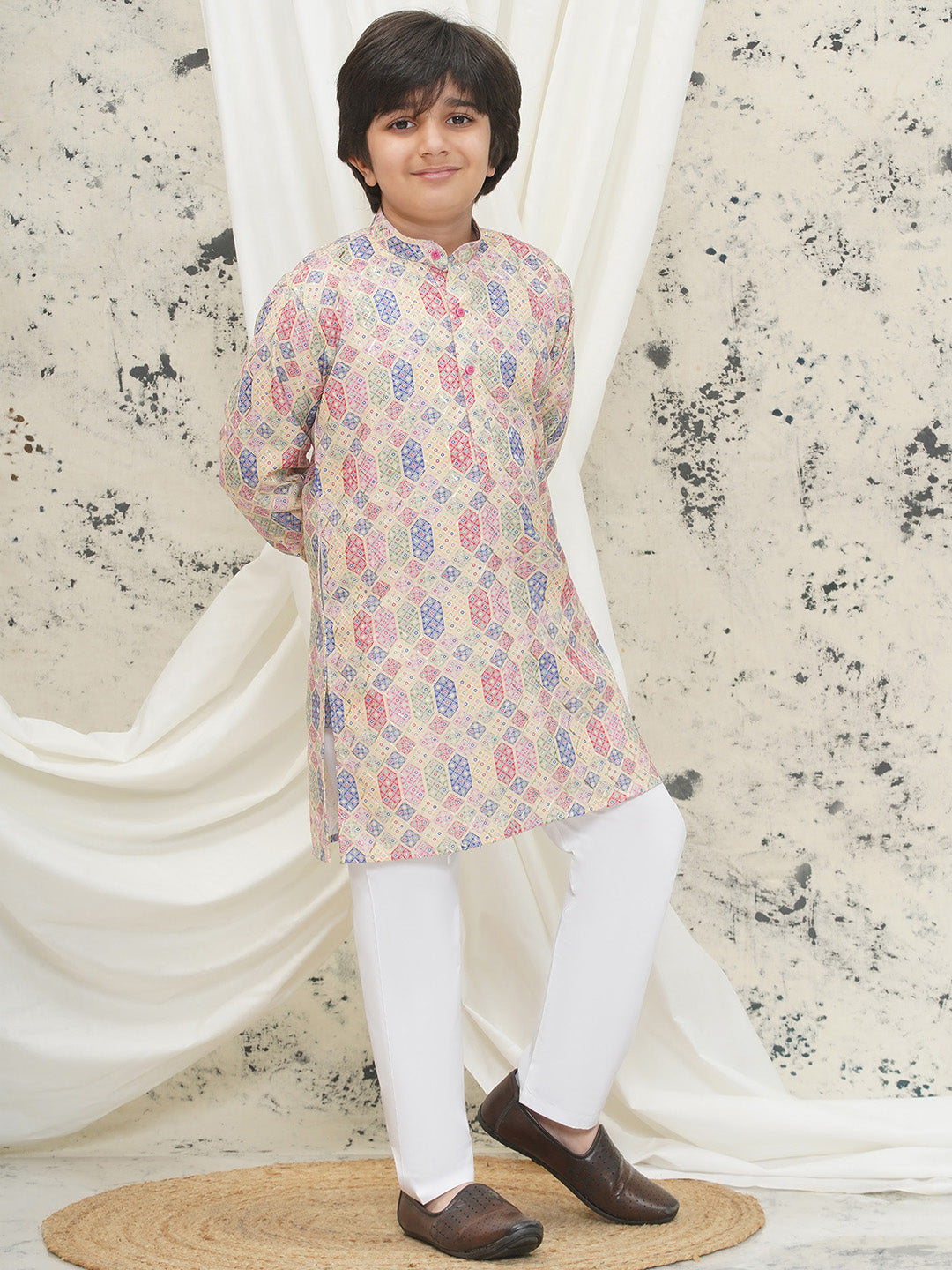 Cream Full sleeves Abstract Cotton Kurta Pyjama For Boys - AJ Dezines