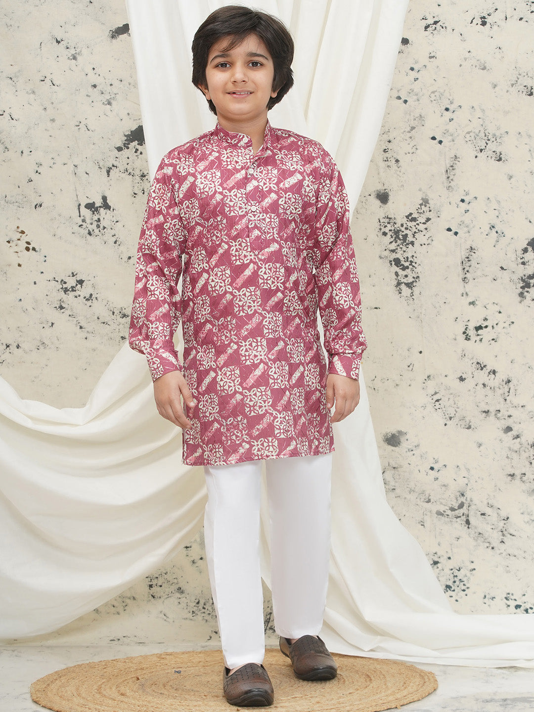 Pink Full sleeves Abstract Cotton Kurta Pyjama For Boys - AJ Dezines