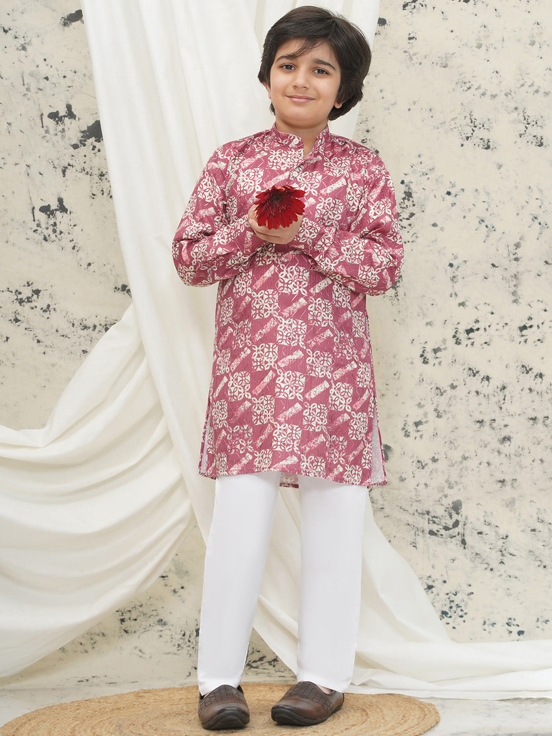 Pink Full sleeves Abstract Cotton Kurta Pyjama For Boys - AJ Dezines