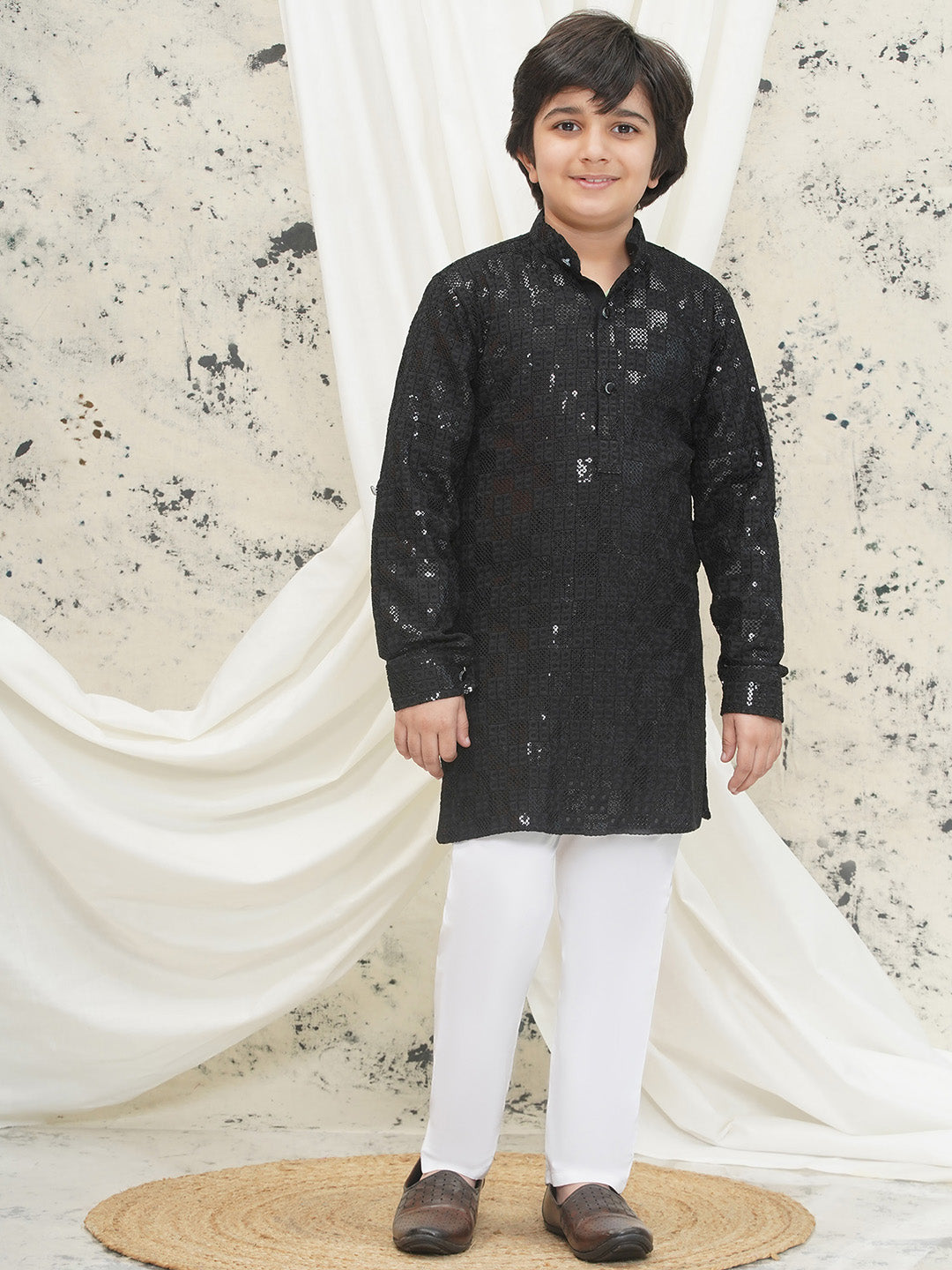 Black Full sleeves Sequenced Chikankari Kurta Pyjama For Boys - AJ Dezines