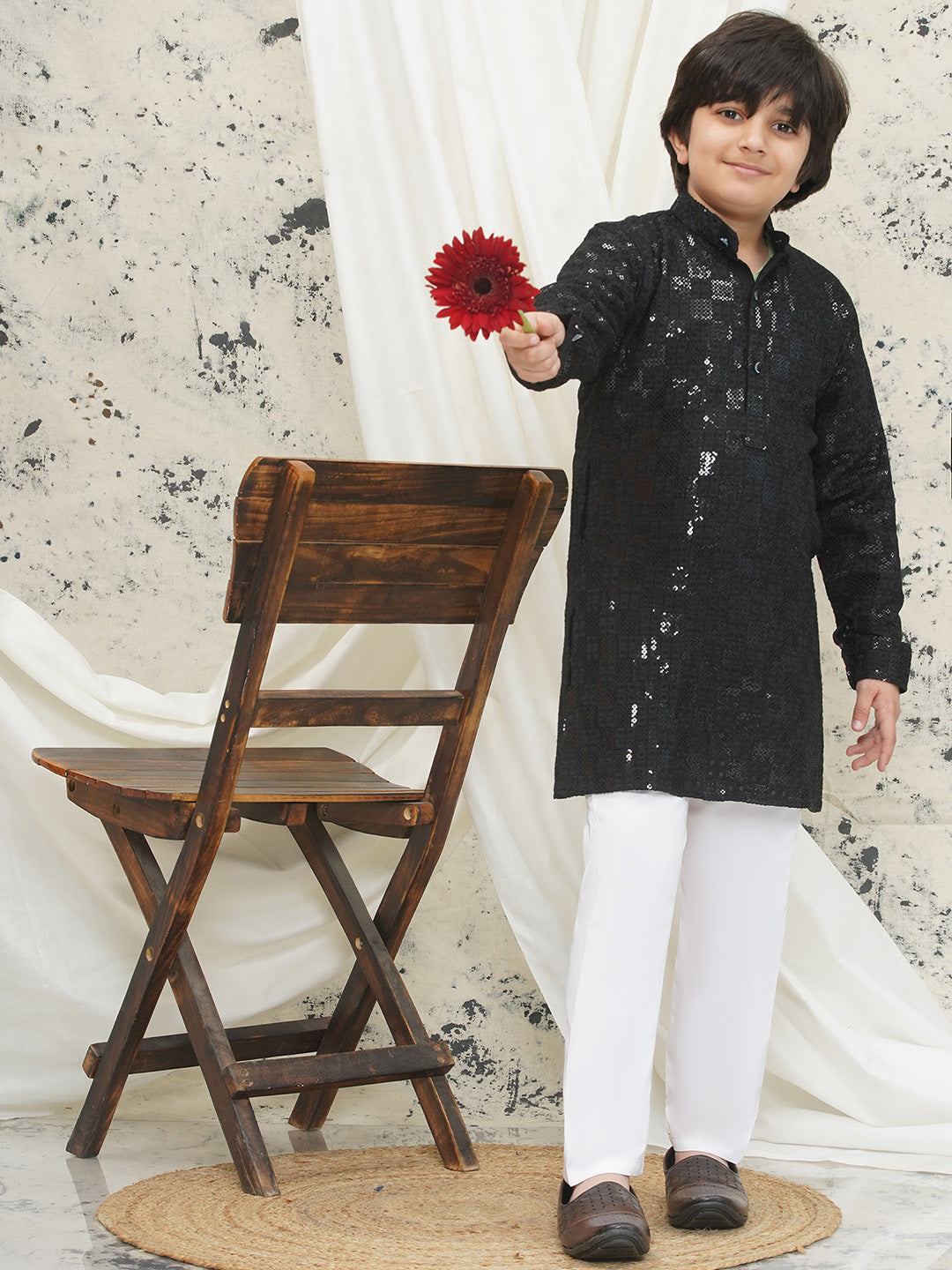 Black Full sleeves Sequenced Chikankari Kurta Pyjama For Boys - AJ Dezines