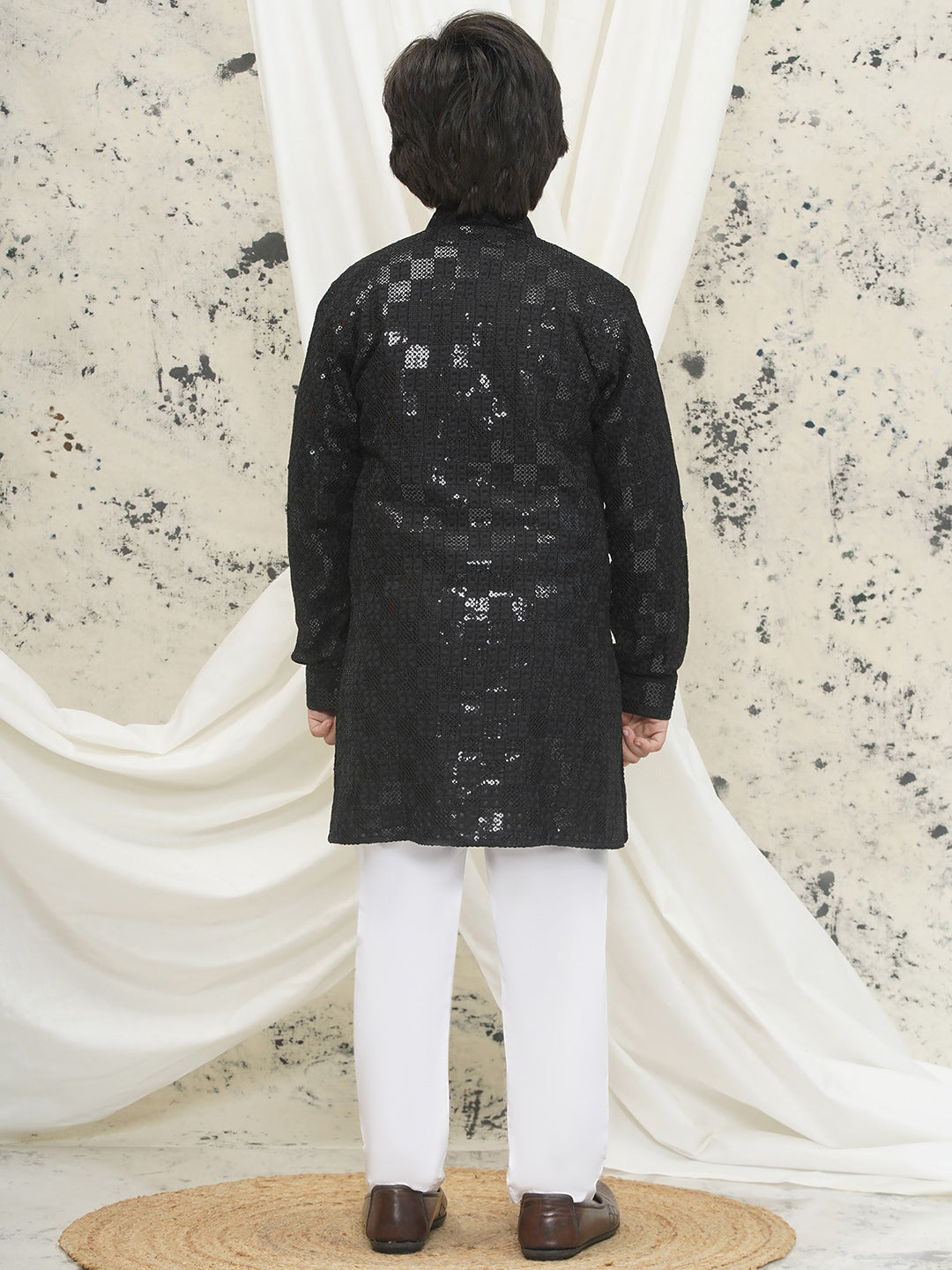Black Full sleeves Sequenced Chikankari Kurta Pyjama For Boys - AJ Dezines