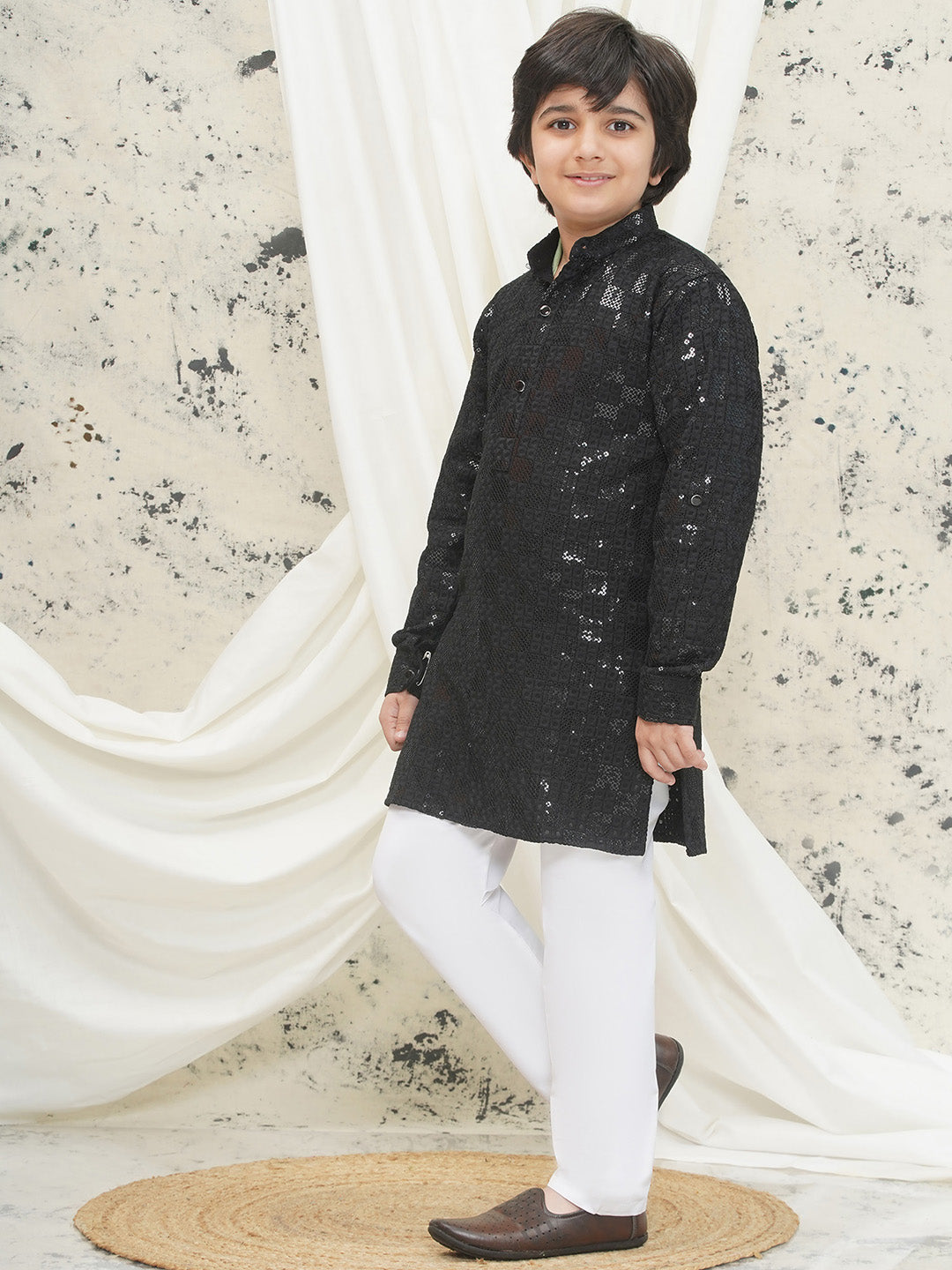 Black Full sleeves Sequenced Chikankari Kurta Pyjama For Boys - AJ Dezines