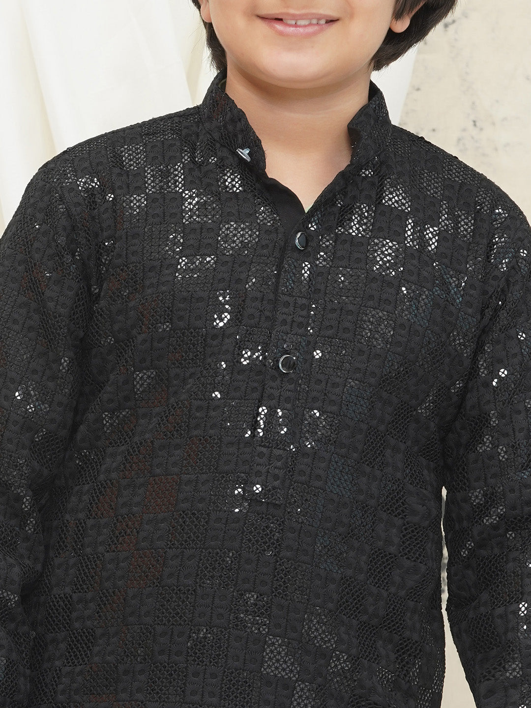 Black Full sleeves Sequenced Chikankari Kurta Pyjama For Boys - AJ Dezines