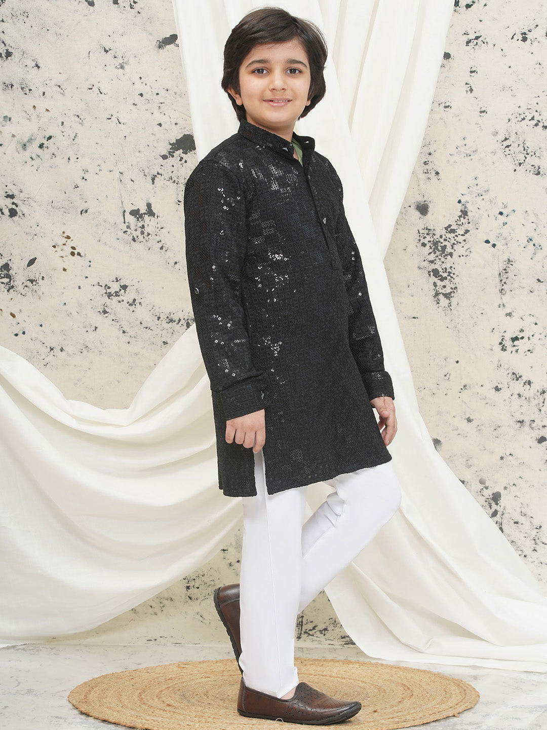 Black Full sleeves Sequenced Chikankari Kurta Pyjama For Boys - AJ Dezines