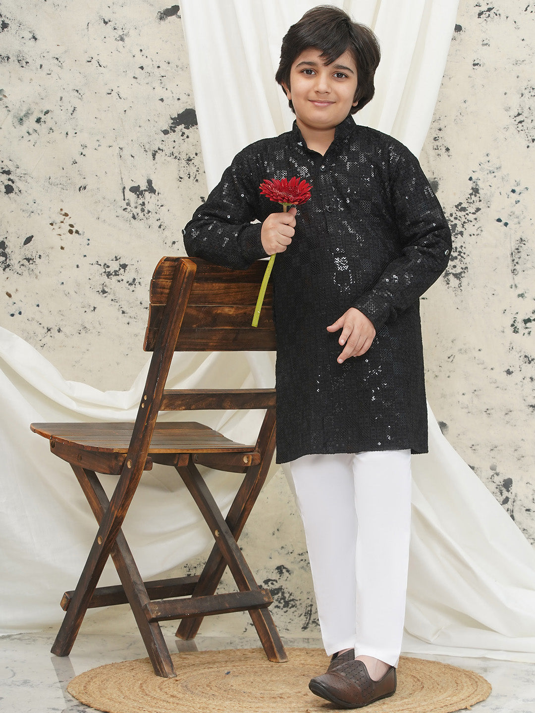 Black Full sleeves Sequenced Chikankari Kurta Pyjama For Boys - AJ Dezines