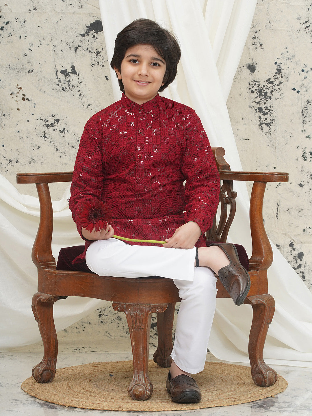 Maroon Full sleeves Sequenced Chikankari Kurta Pyjama For Boys - AJ Dezines