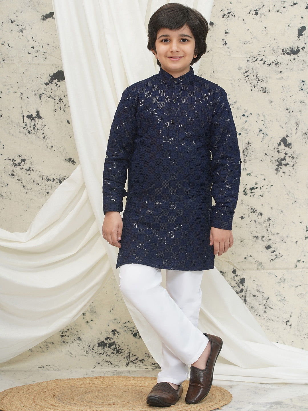 Dark Blue Full sleeves Sequenced Chikankari Kurta Pyjama For Boys - AJ Dezines