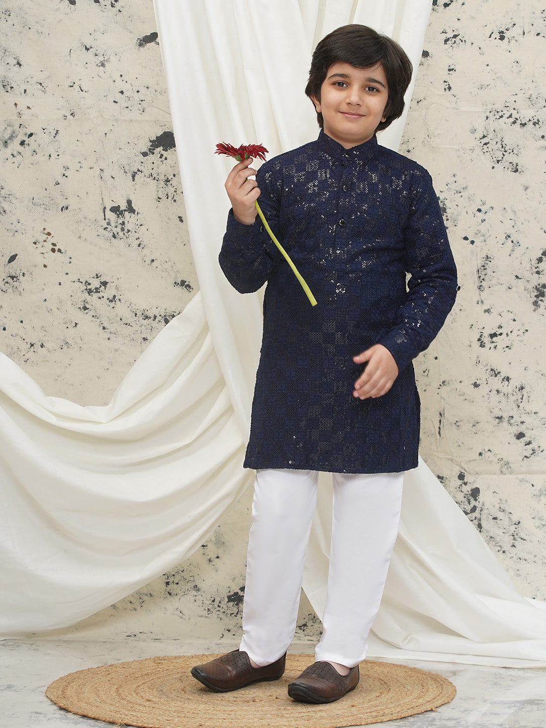 Dark Blue Full sleeves Sequenced Chikankari Kurta Pyjama For Boys - AJ Dezines