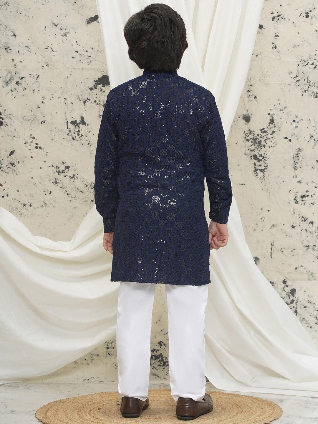 Dark Blue Full sleeves Sequenced Chikankari Kurta Pyjama For Boys - AJ Dezines
