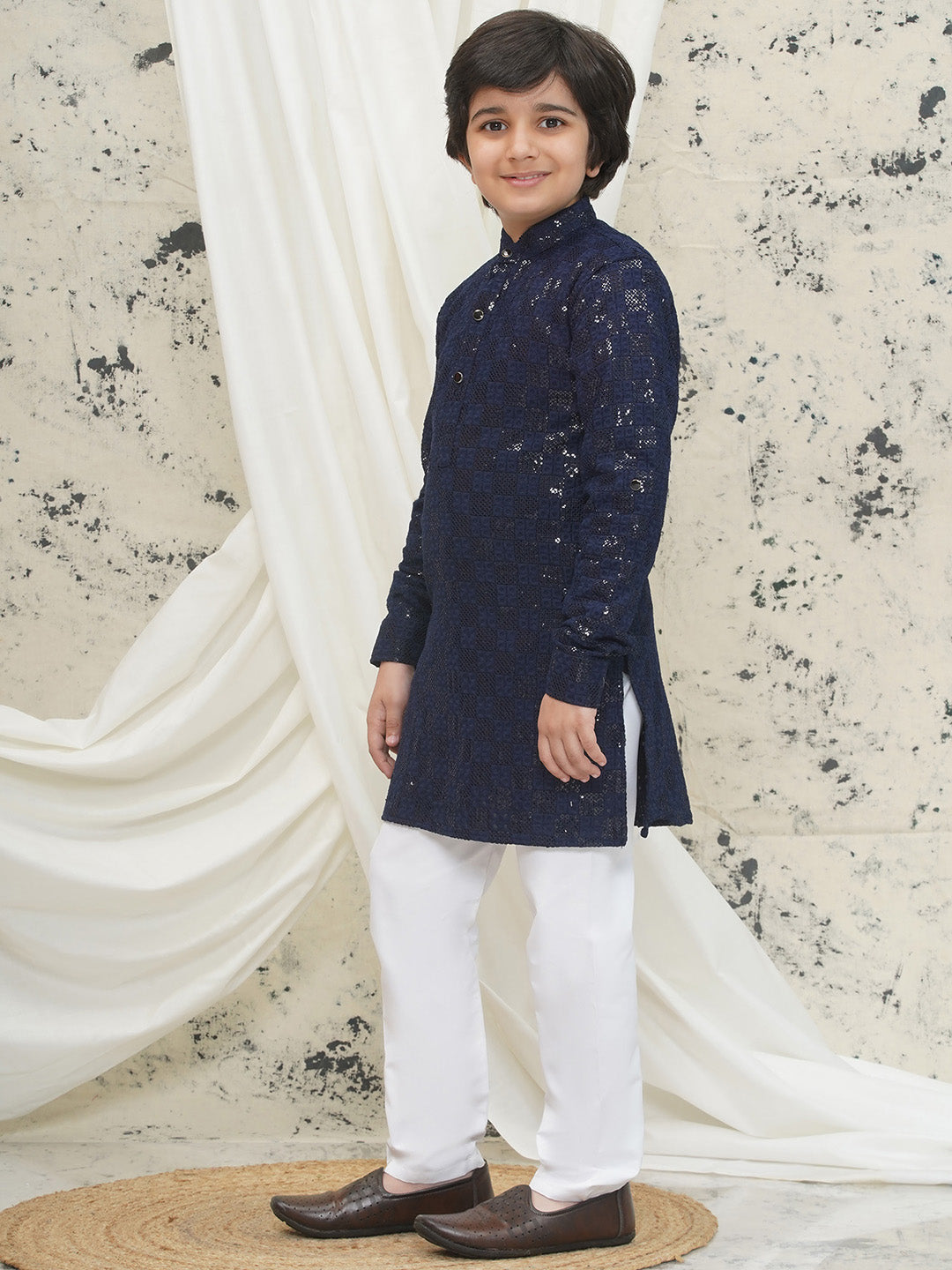 Dark Blue Full sleeves Sequenced Chikankari Kurta Pyjama For Boys - AJ Dezines