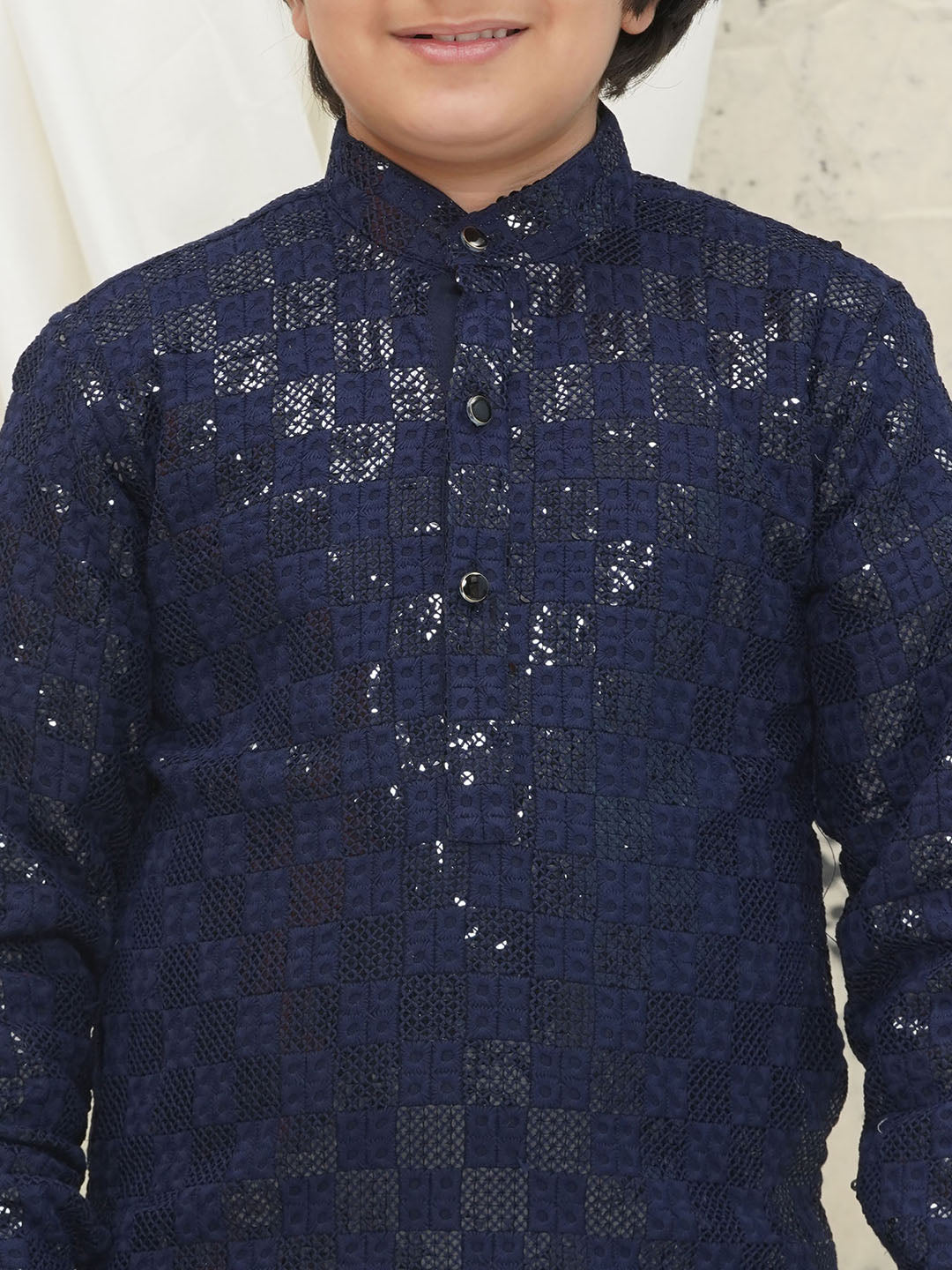 Dark Blue Full sleeves Sequenced Chikankari Kurta Pyjama For Boys - AJ Dezines