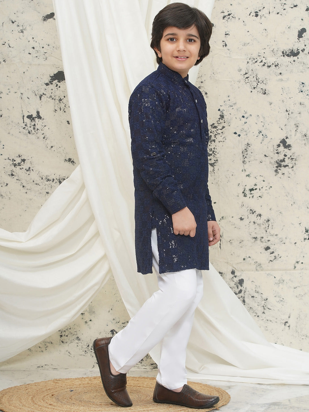 Dark Blue Full sleeves Sequenced Chikankari Kurta Pyjama For Boys - AJ Dezines