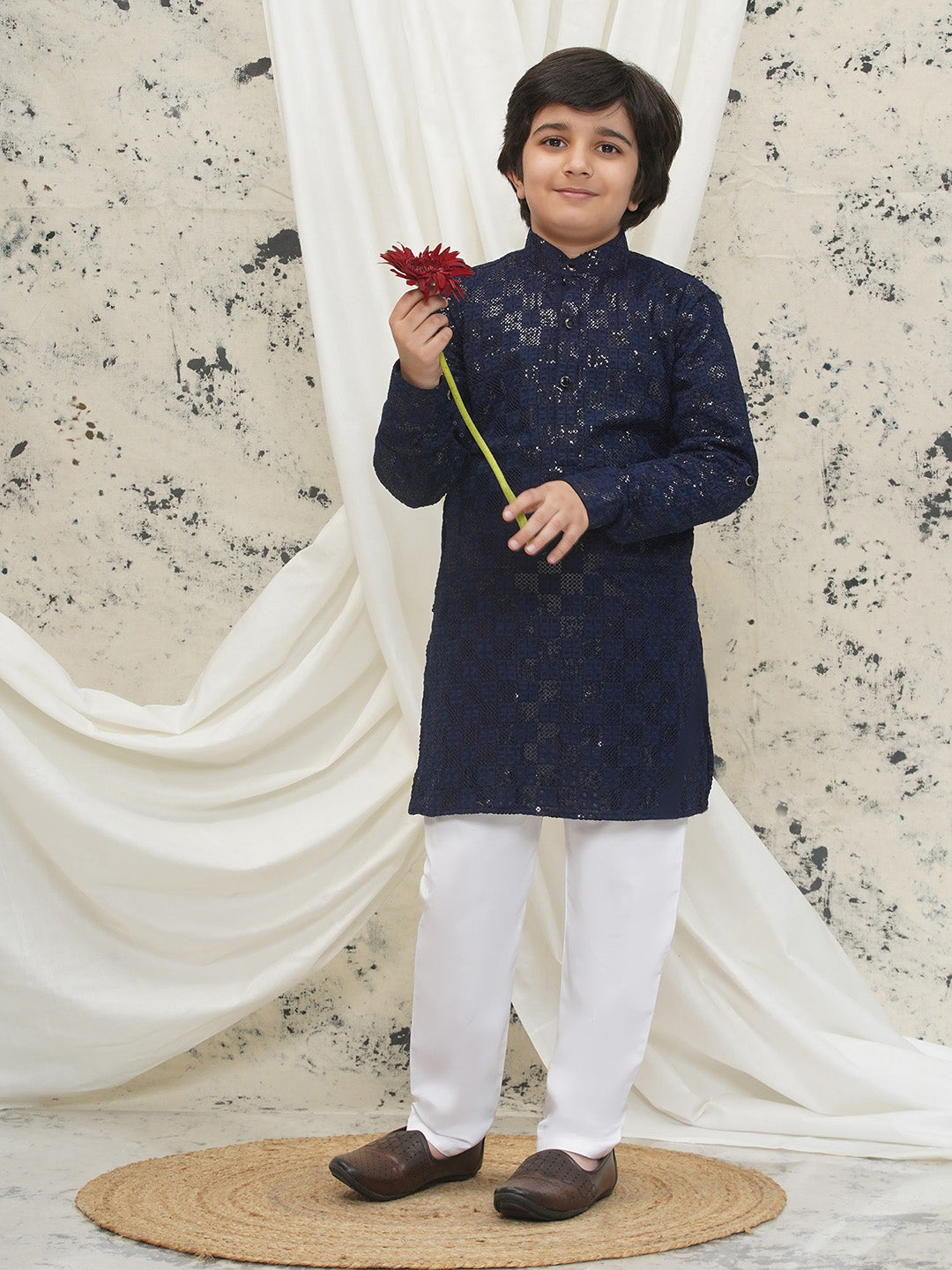 Dark Blue Full sleeves Sequenced Chikankari Kurta Pyjama For Boys - AJ Dezines