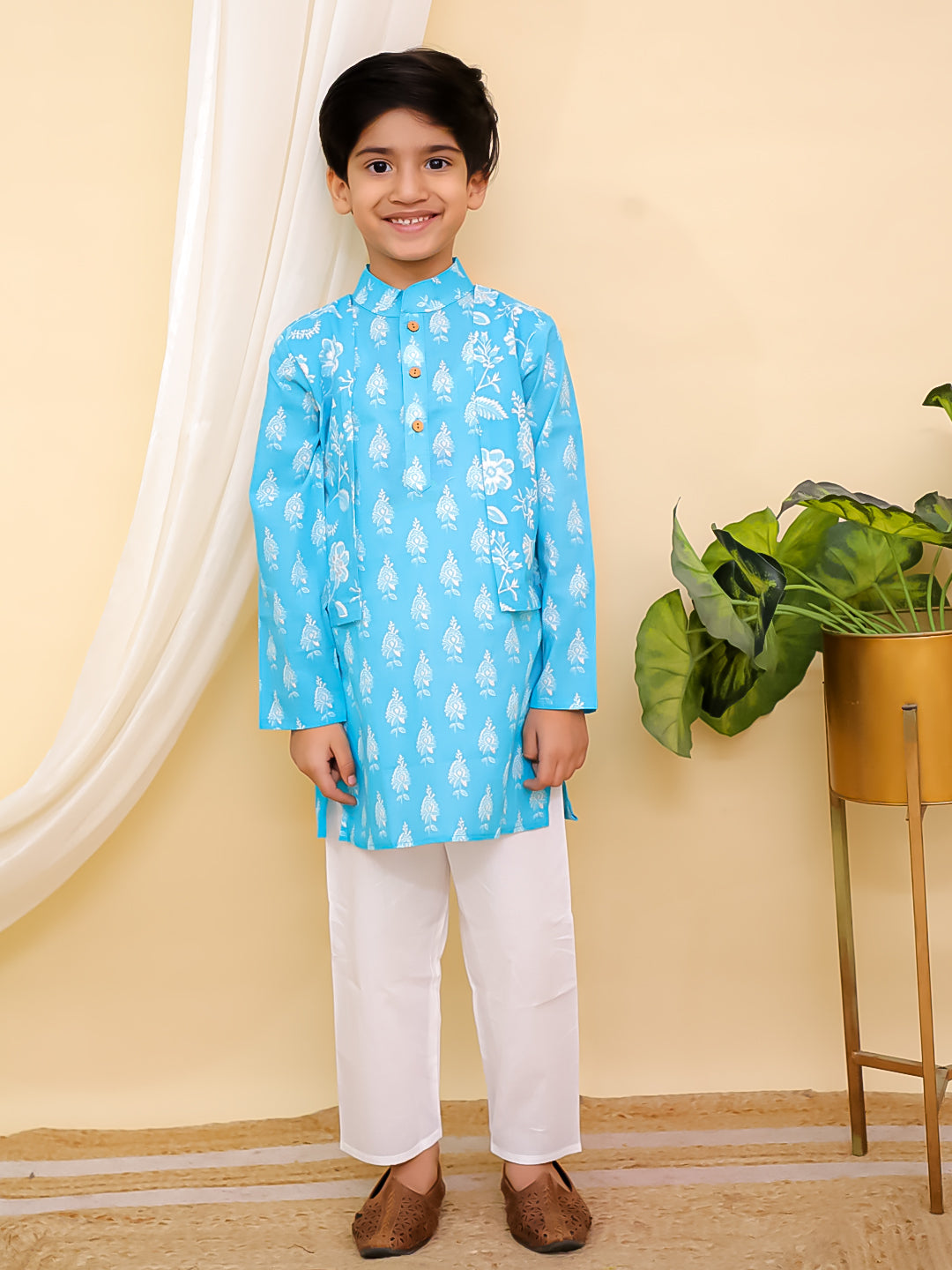 Sky Blue Full sleeves Floral Print Cotton Kurta Pyjama For Boys - AJ Dezines