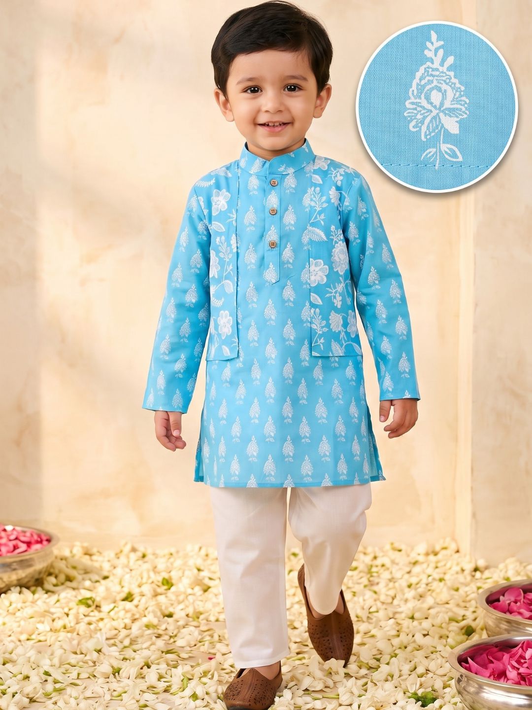 Sky Blue Full sleeves Floral Print Cotton Kurta Pyjama For Boys