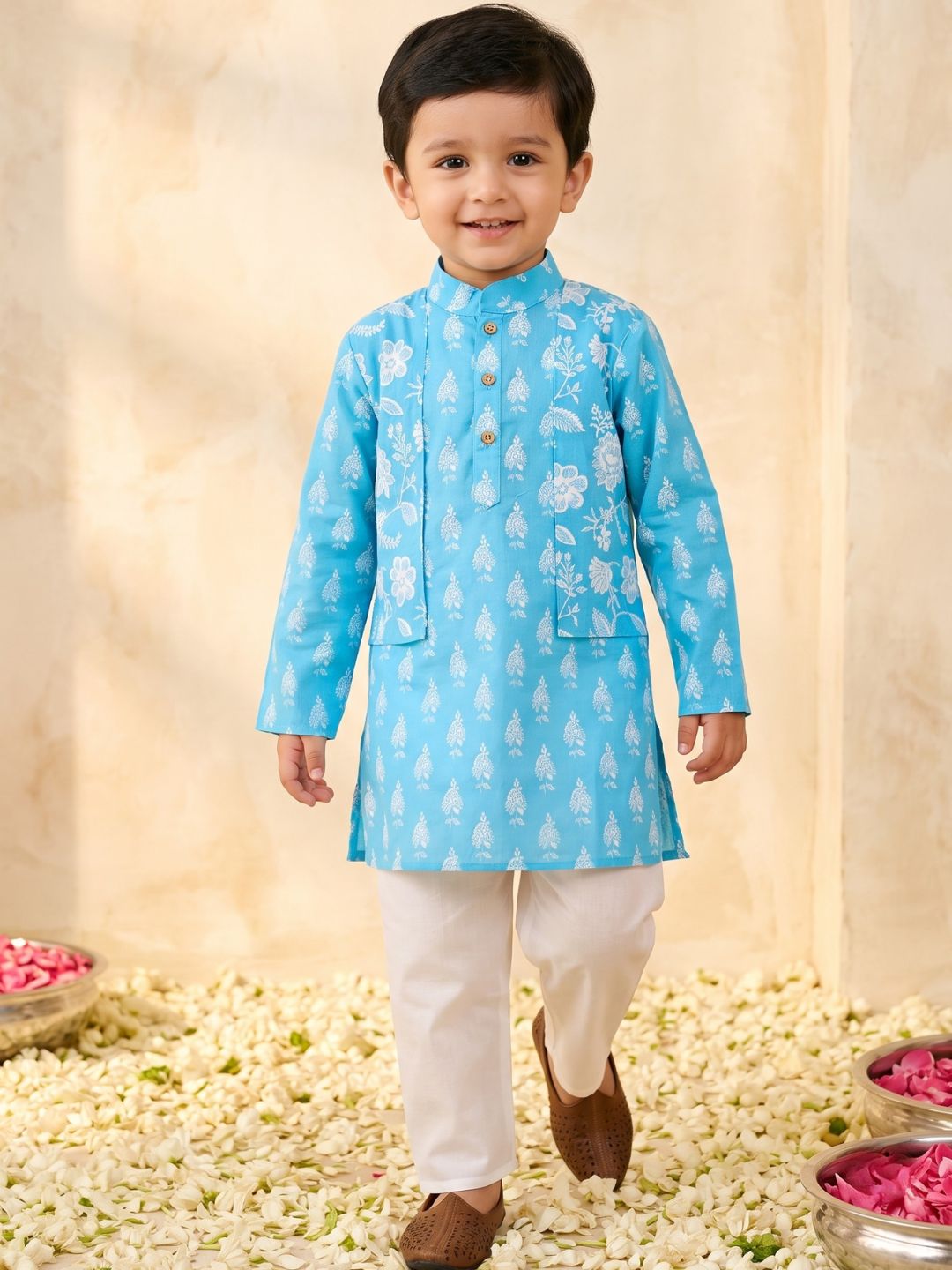 Sky Blue Full sleeves Floral Print Cotton Kurta Pyjama For Boys