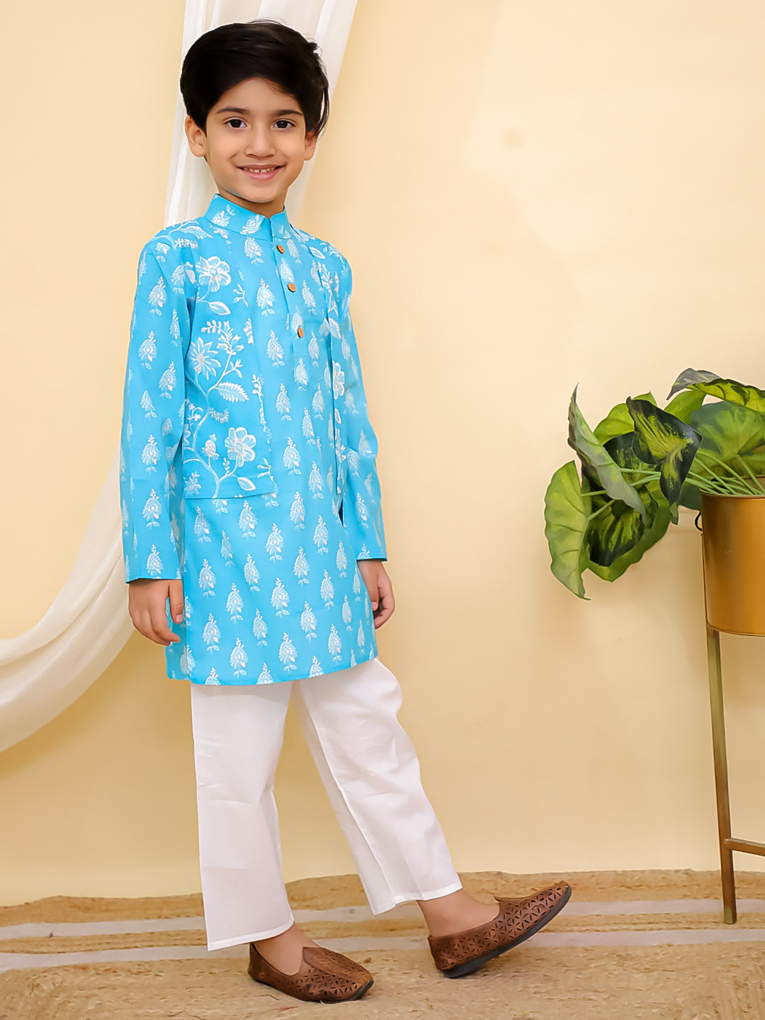 Sky Blue Full sleeves Floral Print Cotton Kurta Pyjama For Boys - AJ Dezines