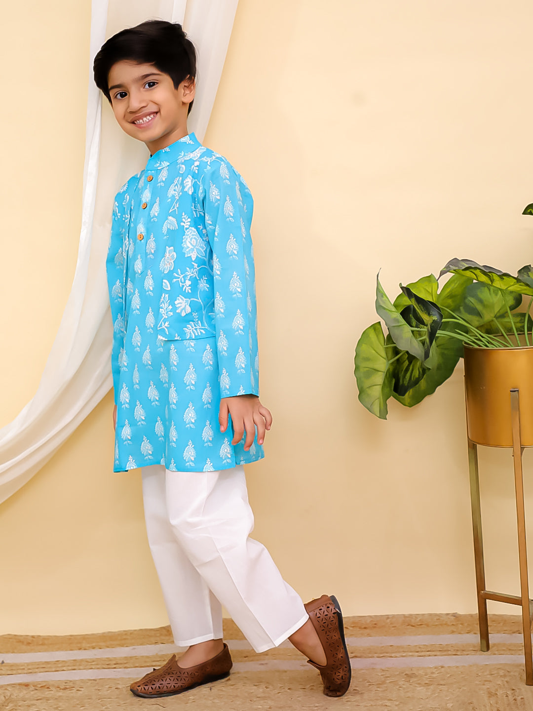Sky Blue Full sleeves Floral Print Cotton Kurta Pyjama For Boys - AJ Dezines