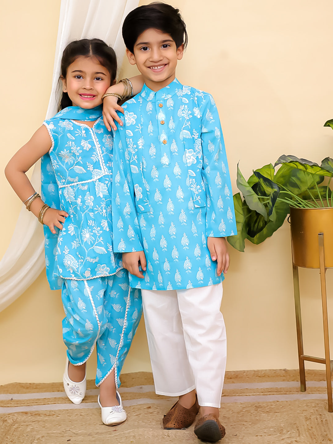 Boys Sky Blue Full sleeves Floral Print Cotton Kurta Pyjama and Sky Blue Sleeveless Floral Print Cotton Girls Suit Set For Girls - Sibling Set - AJ Dezines